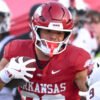 Arkansas Razorbacks tight end Rohan Jones after making a catch agains the Arkansas State Red Wolves