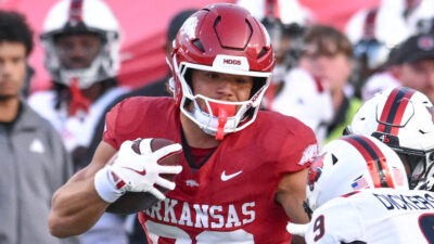 Arkansas Razorbacks tight end Rohan Jones after making a catch agains the Arkansas State Red Wolves