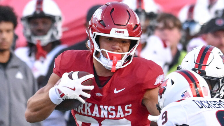 Arkansas Razorbacks tight end Rohan Jones after making a catch agains the Arkansas State Red Wolves