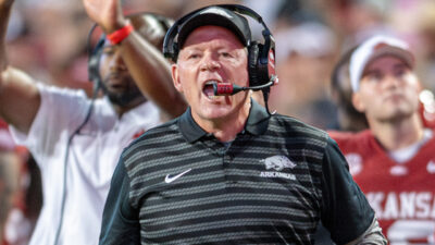Arkansas Razorbacks coach Bobby Petrino on the sidelines during game against the Texas A&M Aggies