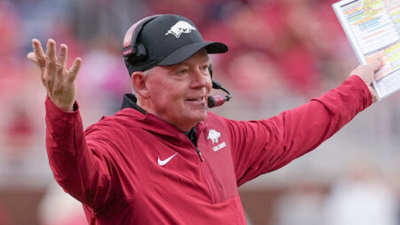 Arkansas Razorbacks coach Bobby Petrino on the sidelines during game against the Texas A&M Aggies