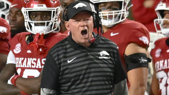 Arkansas Razorbacks coach Bobby Petrino on the sidelines during game against the Texas A&M Aggies