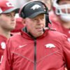 Arkansas Razorbacks interim coach Bobby Petrino on the sidelines against the Auburn Tigers