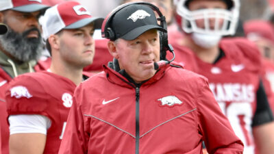 Arkansas Razorbacks interim coach Bobby Petrino on the sidelines against the Auburn Tigers
