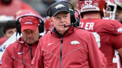 Arkansas Razorbacks interim coach Bobby Petrino on the sidelines against the Auburn Tigers