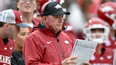 Arkansas Razorbacks interim coach Bobby Petrino on the sidelines against the Auburn Tigers