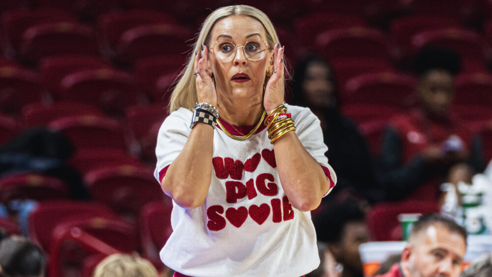 Arkansas Razorbacks coach Kelsi Musick yells instructions to her team in a game against Arkansas-Fort Smith