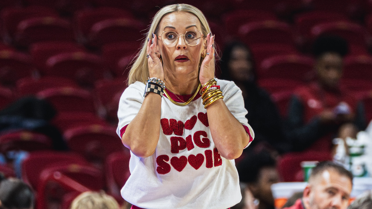 Arkansas Razorbacks coach Kelsi Musick yells instructions to her team in a game against Arkansas-Fort Smith