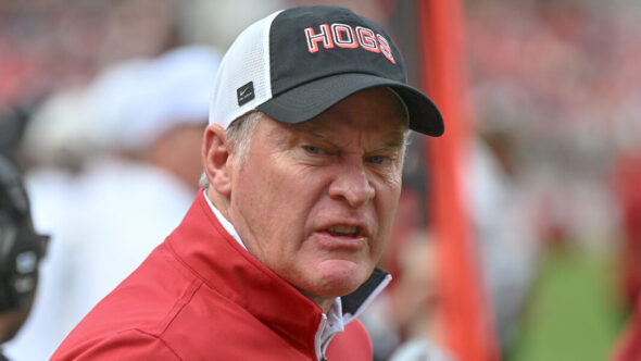 Arkansas Razorbacks athletic director Hunter Yurachek on the sidelines in a football game against the Texas A&M Aggies