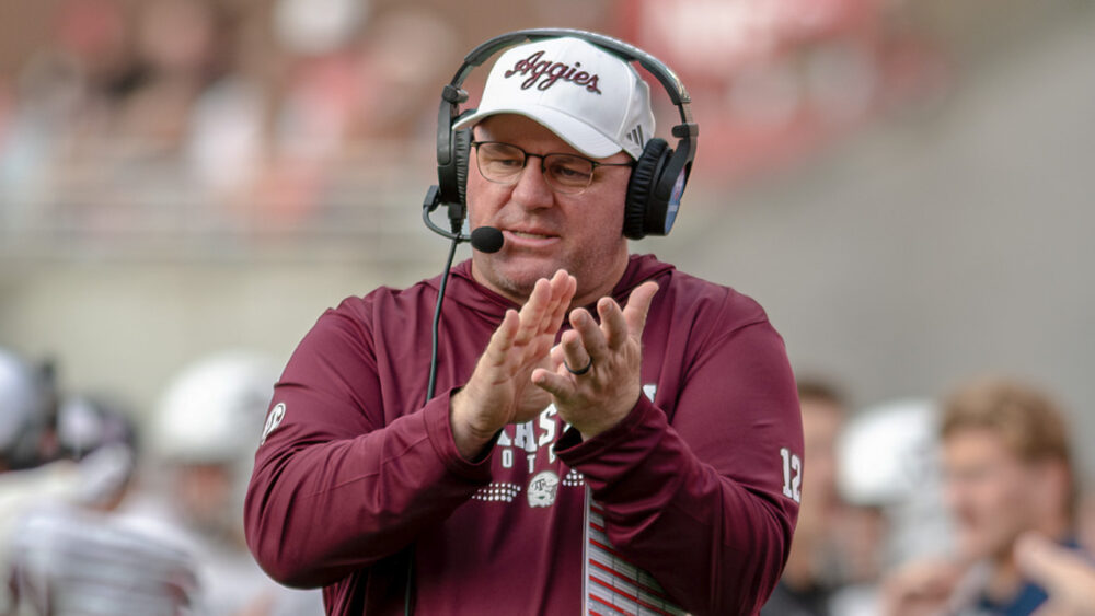 Texas A&M coach Mike Elko on the sidelines during game against the Arkansas Razorbacks