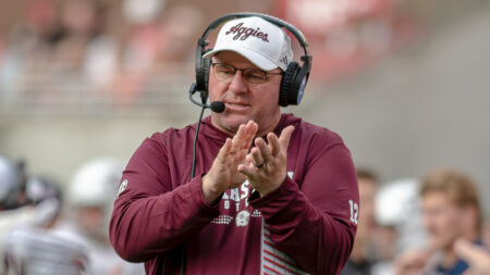 Texas A&M coach Mike Elko on the sidelines during game against the Arkansas Razorbacks