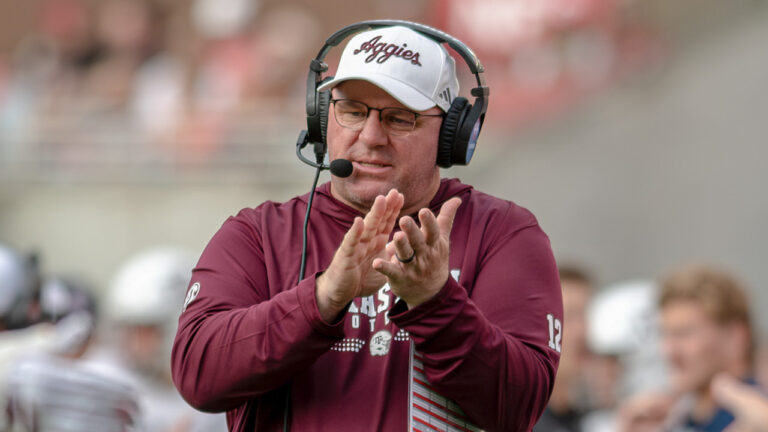 Texas A&M coach Mike Elko on the sidelines during game against the Arkansas Razorbacks