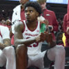 Arkansas Razorbacks forward Nick Pringle on the sideline during exhibition game against Cincinnati