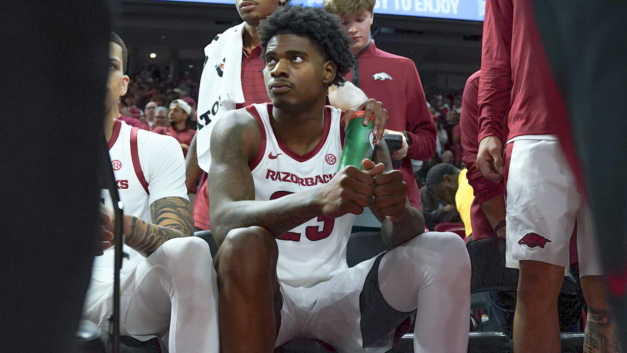 Arkansas Razorbacks forward Nick Pringle on the sideline during exhibition game against Cincinnati