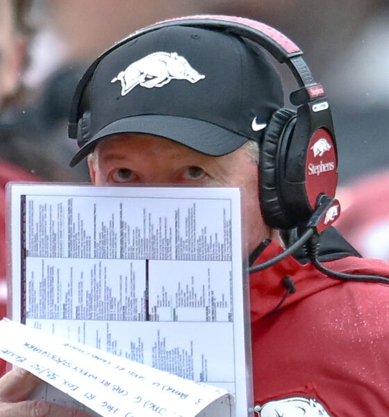 Arkansas Razorbacks interim coach Bobby Petrino on the sidelines during game against the Auburn Tigers