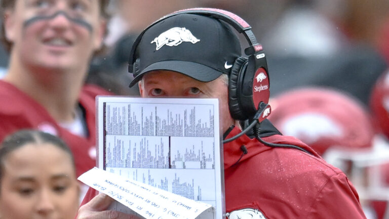 Arkansas Razorbacks interim coach Bobby Petrino on the sidelines during game against the Auburn Tigers