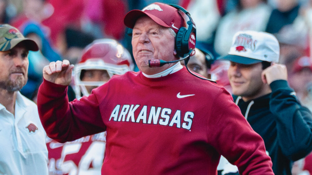 Arkansas Razorbacks interim coach Bobby Petrino yelling at officials during game against the Mississippi State Bulldogs