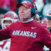 Arkansas Razorbacks interim coach Bobby Petrino yelling at officials during game against the Mississippi State Bulldogs