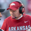 Arkansas Razorbacks interim coach Bobby Petrino on the sidelines during a game against the Mississippi State Bulldogs