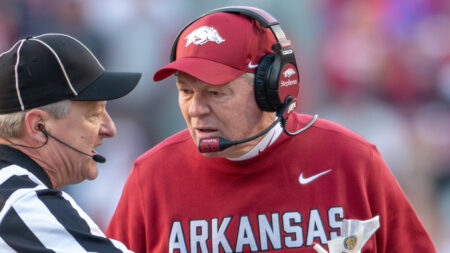 Arkansas Razorbacks interim coach Bobby Petrino on the sidelines during a game against the Mississippi State Bulldogs