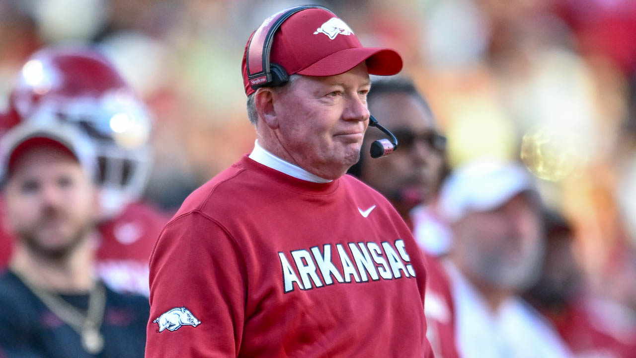 Arkansas Razorbacks interim coach Bobby Petrino on the sidelines during a game against the Mississippi State Bulldogs