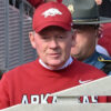 Arkansas Razorbacks interim coach Bobby Petrino waits to enter the game against the Mississippi State Bulldogs