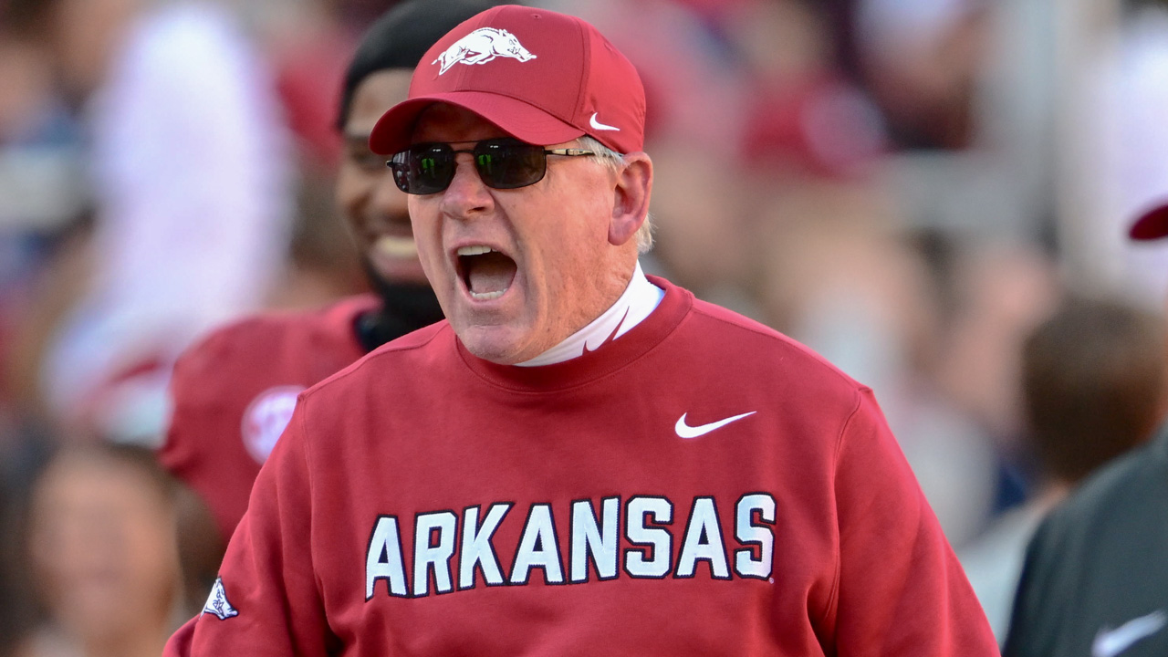 Arkansas Razorbacks interim coach Bobby Petrino on the sidelines during a game against the Mississippi State Bulldogs