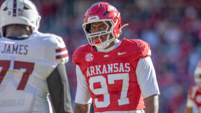Arkansas Razorbacks defensive lineman Quincy Rhodes against Mississippi State