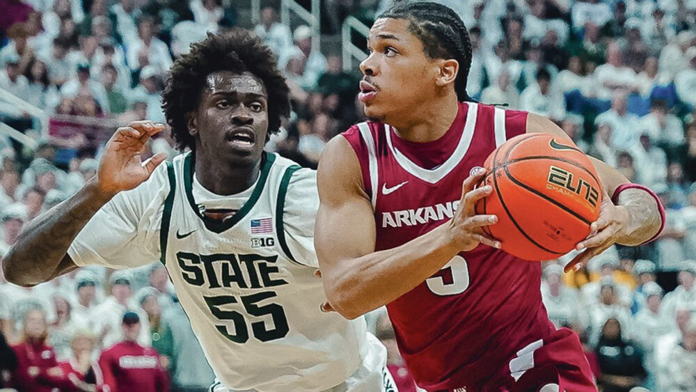 Arkansas Razorbacks guard Darius Acuff Jr. puts up a shot against the Michigan State Spartans