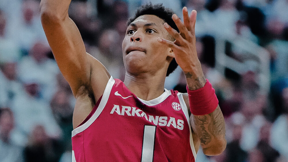 Arkansas Razorbacks guard Meleek Thomas puts up a shot against the Michigan State Spartans