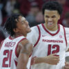 Arkansas Razorbacks DJ Wagner and Malique Ewin during game against the Central Arkansas Bears