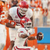 Arkansas Razorbacks wide receiver Raylen Sharpe motions for a first down after a catch against the Texas Longhorns