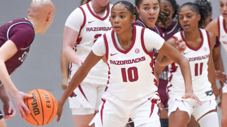 Arkansas Razorbacks Taleyah Jones playing defense against Southern Illinois