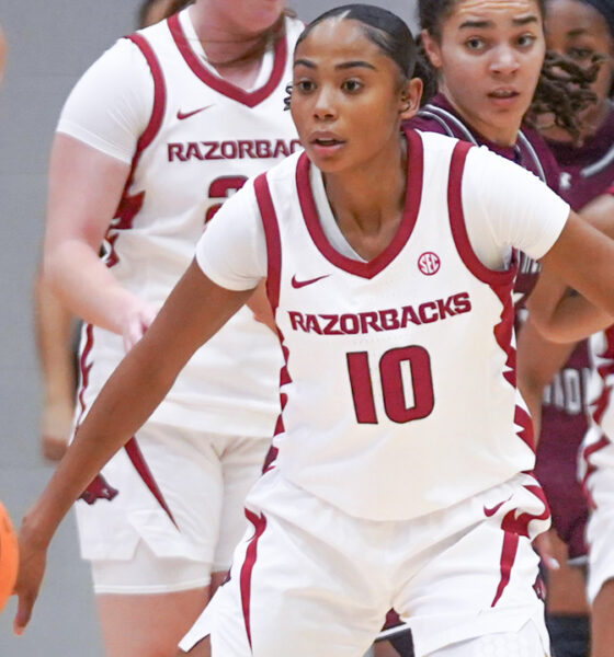 Arkansas Razorbacks Taleyah Jones playing defense against Southern Illinois