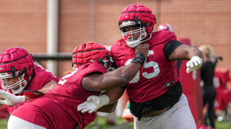 Arkansas Razorbacks defensive lineman Ian Geffrard during spring practice drills