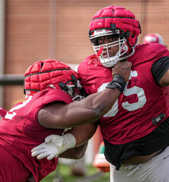 Arkansas Razorbacks defensive lineman Ian Geffrard during spring practice drills