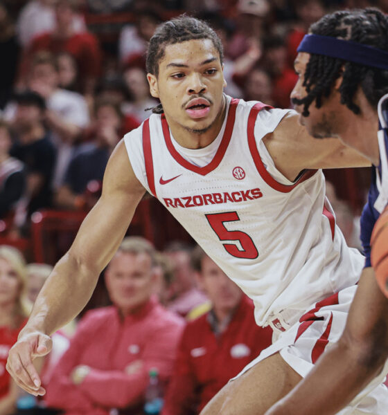 Arkansas Razorbacks guard Darius Acuff on defense against the Jackson State Tigers