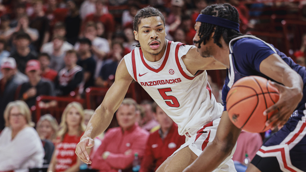 Arkansas Razorbacks guard Darius Acuff on defense against the Jackson State Tigers