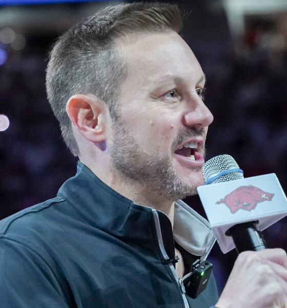 New Arkansas Razorbacks coach Ryan Silverfield addresses the crowd at Bud Walton Arena before game with Louisville