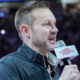 New Arkansas Razorbacks coach Ryan Silverfield addresses the crowd at Bud Walton Arena before game with Louisville