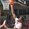 Arkansas Razorbacks guard Karter Knox laying in a shot against the Fresno State Bulldogs