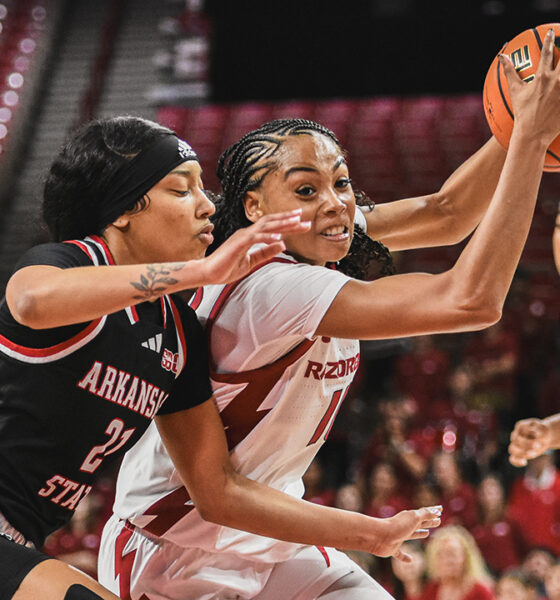 Arkansas Razorbacks guard Taleyah Jones drives the lane against the Arkansas State Red Wolves