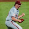 Arkansas pitcher Ethan McElvain celebrates an out in a SEC Tournament semifinal game against Auburn in Hoover. | SEC/X