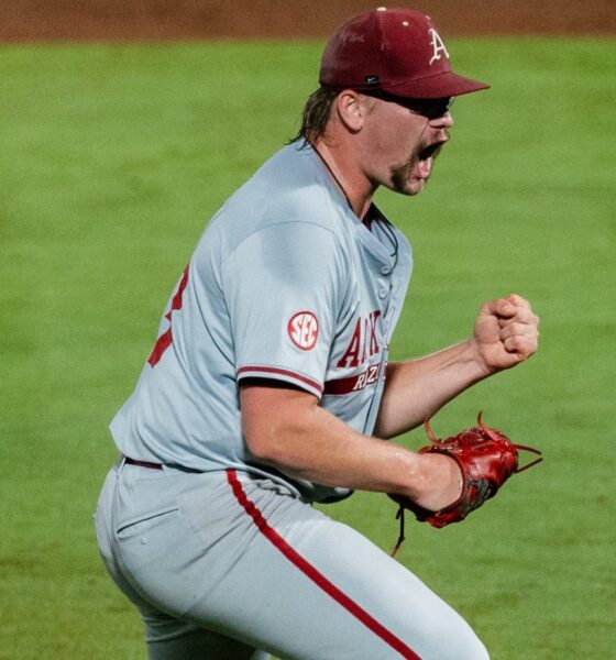 Arkansas pitcher Ethan McElvain celebrates an out in a SEC Tournament semifinal game against Auburn in Hoover. | SEC/X