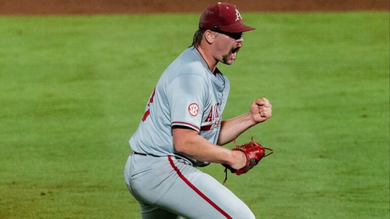 Arkansas pitcher Ethan McElvain celebrates an out in a SEC Tournament semifinal game against Auburn in Hoover. | SEC/X