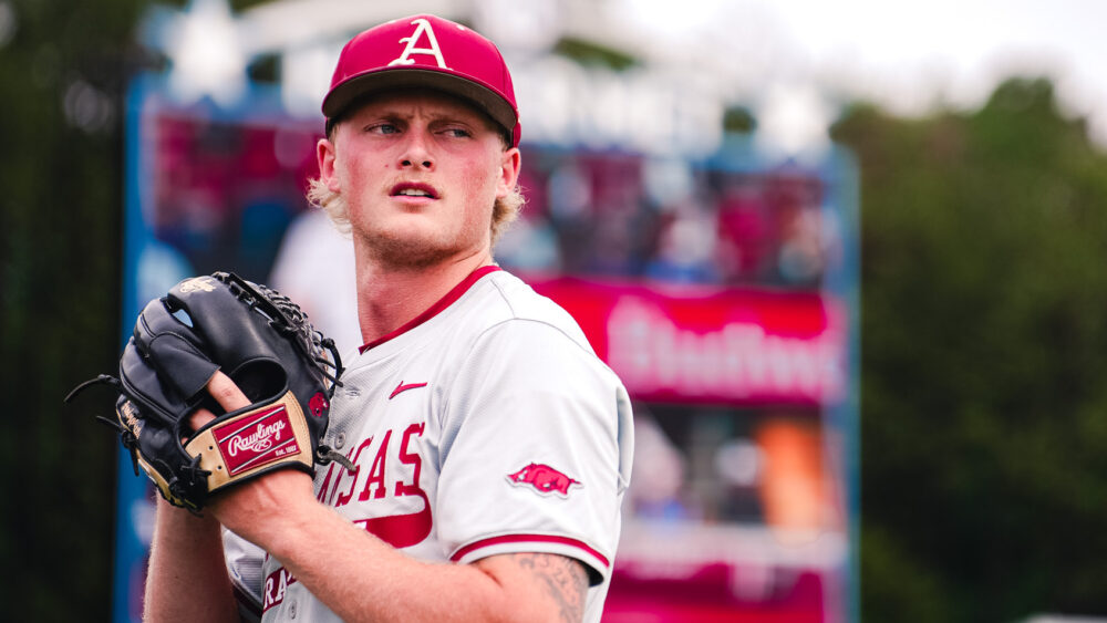 Arkansas junior pitcher Tate McGuire warms up before Sunday's SEC Championship Game against Georgia in Hoover, Ala. | Arkansas Communications