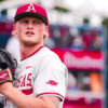 Arkansas junior pitcher Tate McGuire warms up before Sunday's SEC Championship Game against Georgia in Hoover, Ala. | Arkansas Communications