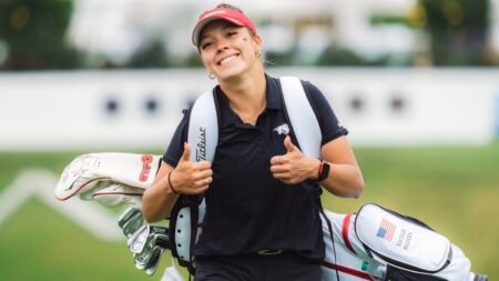Arkansas golfer Natalie Blonien smiles during the NCAA Championship semifinals. | Arkansas Communications