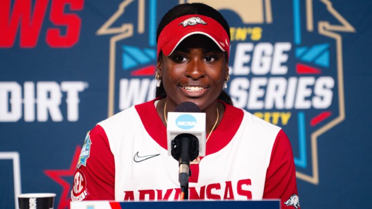 Arkansas senior outfielder Dakota Kennedy talks during a press conference at the Women's College World Series in Oklahoma City. | Arkansas Communications