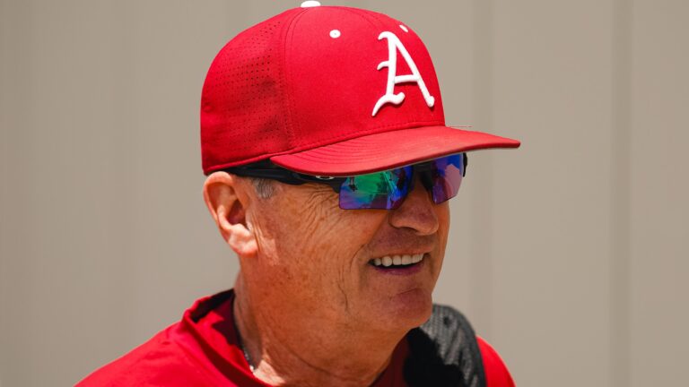 Arkansas coach Dave Van Horn arrives at Huglund Park for Friday's NCAA Regional game against Missouri State. | Arkansas Communications
